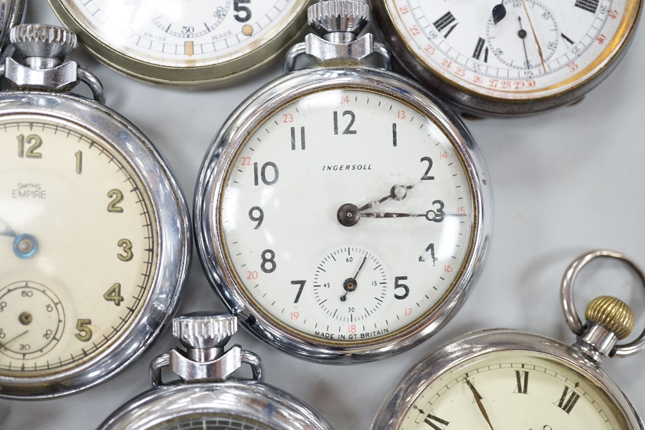 Ten assorted base metal pocket watches including Frenca, Smiths and gun metal.